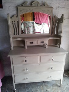 Victorian dressing table. Finished to a very high standard. 'Country grey' chalk paint and a clear wax finish. Luxury crystal knobs. £180